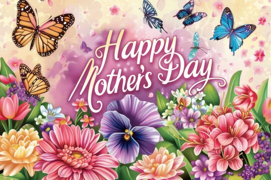 Happy Mother's Day message with vibrant flowers and butterflies, a heartwarming greeting card design