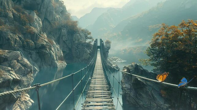 beautiful view of the suspension bridge under the steep cliff. seamless looping time-lapse virtual 4K video Animation Background.