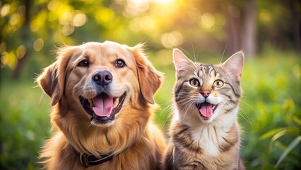 The image depicts a cat and a dog sitting side by side on grass, looking directly at the camera. The dog appears to be a golden retriever, with its tongue hanging out, while the cat is a tabby