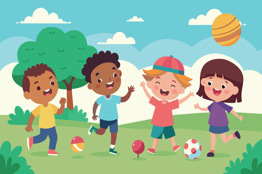 Group of children having fun playing with a ball in a park on a sunny day