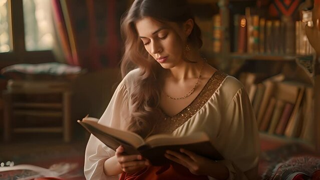 Medieval Woman Reading in a Vintage Library with Ai generated.
