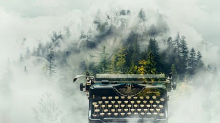 Vintage Typewriter Overlay on Foggy Forest Double Exposure