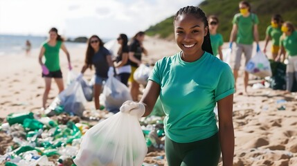Diverse multicultural students volunteer cleaning up beach from plastic waste at sea shore, environmental protection, trash collection