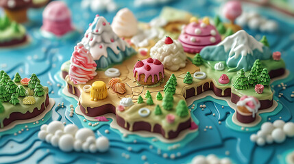 Colorful 3D rendering of a fantasy world made of candy and sweets.