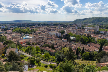 Fototapeta premium City of Gorizia, Castel on top the hill, wall and fortification, cannons. Panorama whole city. The beautiful streets and the castle behind them are a trace of history. Cultural Heritage Capital 2025.
