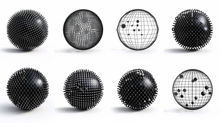 3D sphere mesh. Globe shapes with dots and line grid, orb wire structure models matrix futuristic concept. Digital polygonal balls with particles vector set 3D avatars set vector icon, white backgroun