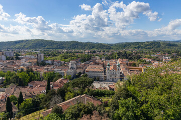 City of Gorizia, Castel on top the hill, wall and fortification, cannons. Panorama whole city. The beautiful streets and the castle behind them are a trace of history. Cultural Heritage Capital 2025.