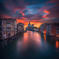 Sunset Over Grand Canal in Venice with Historical Buildings