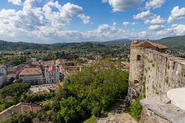 City of Gorizia, Castel on top the hill, wall and fortification, cannons. Panorama whole city. The beautiful streets and the castle behind them are a trace of history. Cultural Heritage Capital 2025.