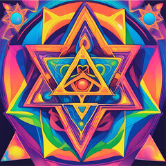 Obraz premium Psychedelic Rainbow Sacred Geometry Tetrahedron Triangles Spiritual Symbol 555