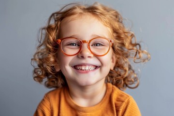Obraz premium A child smiles with glasses on a plain background. Children's vision and eye health concept