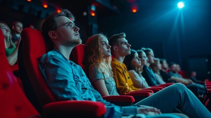 A group of people sitting in red chairs in a cinema hall. They are all watching an independent film. They are enjoying the movie and are supporting independent filmmakers. 