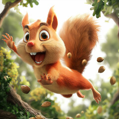 A cute squirrel is flying through the air. It has a big smile on its face and its arms are...