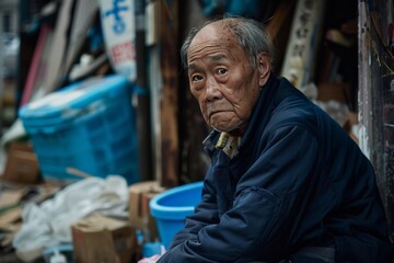Fototapeta premium An Asian elderly man sits in a temporary shelter, 
