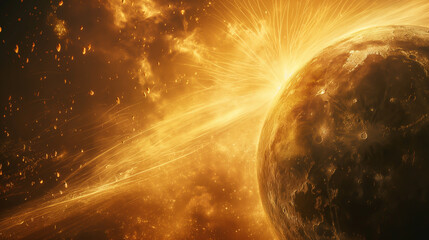 The image shows a planet with a glowing atmosphere. The planet is being orbited by a ring of fire. The background is filled with stars.