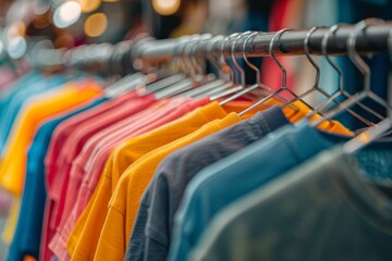 Vibrant T-shirts on street market rack with abstract blurred background