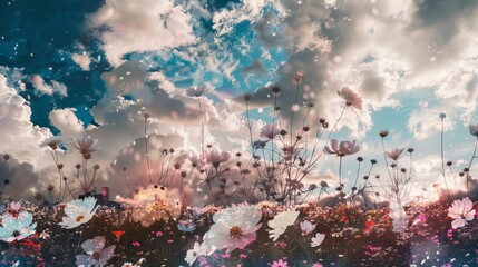 Ethereal Floral Double Exposure with Cloudy Sky Art.