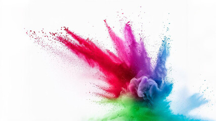Explosion splash of colorful powder with freeze isolated on white background, abstract splatter of colored dust powder. left 