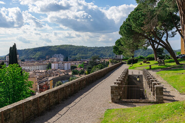City of Gorizia, Castel on top the hill, wall and fortification, cannons. Panorama whole city. The...