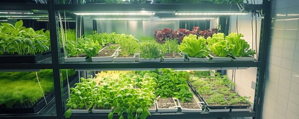 Fototapeta premium Vertical farming setup with LED lights Capture the innovation of urban and indoor farming