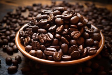 Roasted arabica black coffee beans in bowl