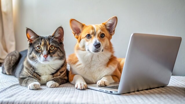 there is a cat that is laying on a laptop on the bed, catnet, corgi and cat fixing the website, typing on laptop, sitting at desk at keyboard, using his desktop pc, sitting at a computer