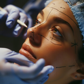 The image shows a woman having a cosmetic surgery on her face. The surgeon is drawing lines on her face to mark the areas where the surgery will be performed.