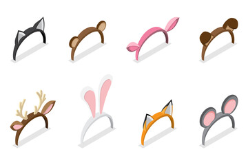 3D Isometric Flat  Set of Animals Ears Costumes, Carnival Headbands