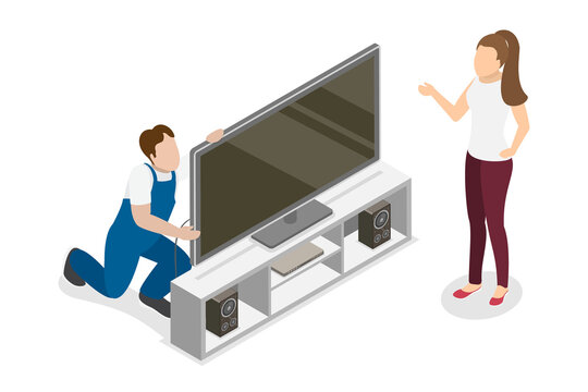 3D Isometric Flat  Illustration of Repairing Television, Service and Maintenance