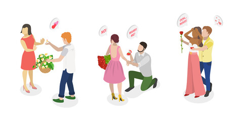Fototapeta premium 3D Isometric Flat Illustration of Marriage Proposal Rejection, Wedding Refusal