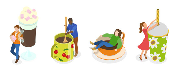 3D Isometric Flat  Set of Various Hot And Cold Beverages, Collection of People Enjoying Their Drinks