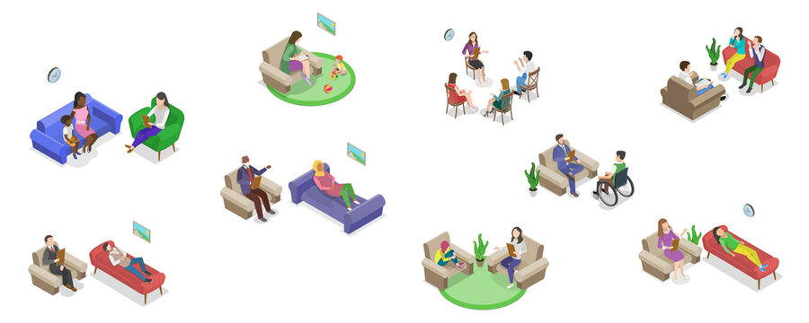 3D Isometric Flat  Set of Psychotherapy Session Scenes, Mental Health