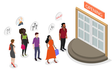 3D Isometric Flat  Illustration of Sale, Line of Customers Waiting Store Opening at Entrance