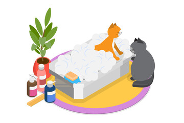 3D Isometric Flat  Illustration of Pet Hygienic Procedures, Pet Grooming