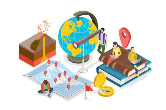 3D Isometric Flat  Illustration of Geography School Subject, Cartography and Navigation