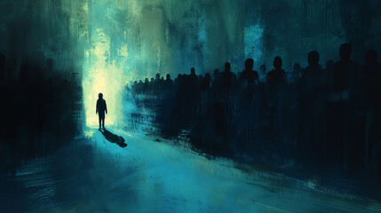 The image shows a dark figure walking away from a group of people