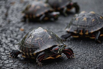 Fototapeta premium Group of turtles on asphalt observing surroundings.