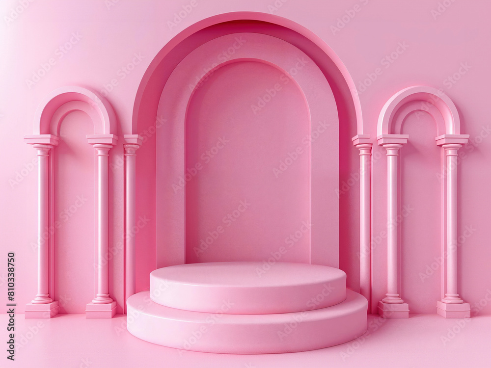 Poster round podium pink archway with columns and tiered on a monochromatic pink background. high quality p