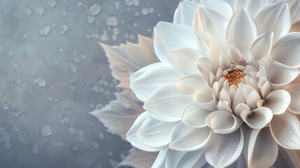 Fototapeta premium A close up of an elegant white dahlia flower on a grey background, in the style of dark gray and light bronze.