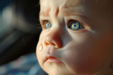 a baby's face with tears streaming down. The eyes are red and the nose is runny. The baby is sad and uncomfortable.