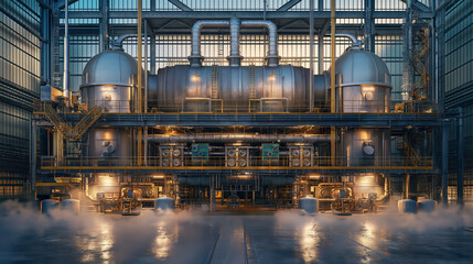 Large industrial interior with metal platforms, pipes and machinery
