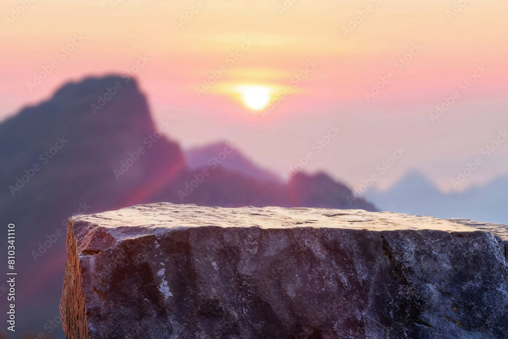 Aufkleber sunset glow over a textured stone surface with mountain background. perfect for product display. hig