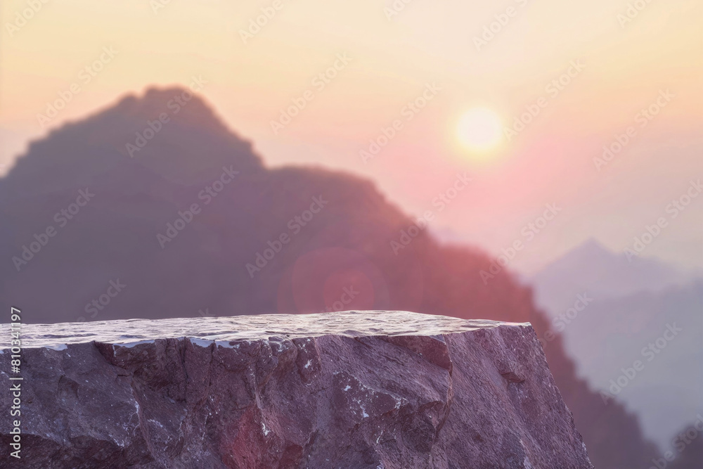 Poster empty top of stone surface with blurred mountain background at sunset. ideal for serene product disp