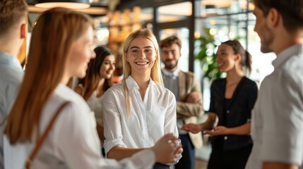 A business team welcoming a new member to the team, their faces warm and welcoming. The new member is smiling and looking around the room, feeling excited and nervous at the same time.