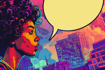 Design a visually striking comic book layout with a vivid pop art aesthetic, focusing on a character engaging in dialogue within a large, blank speech bubble against a dynamic, urb