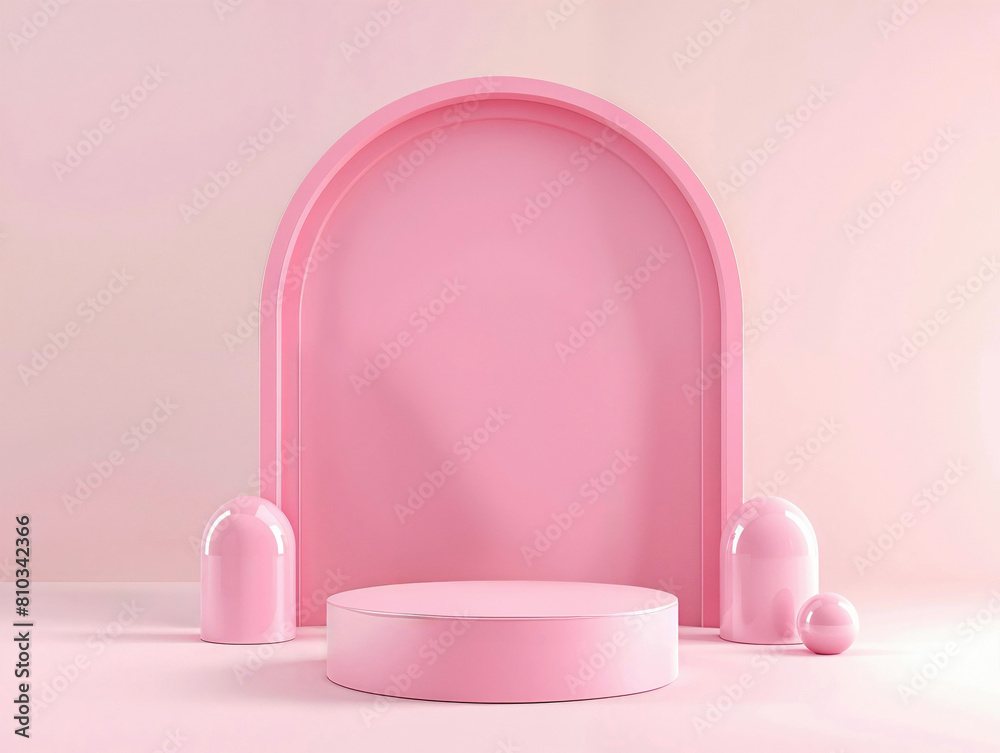 Poster pastel pink podium with arch and dome elements on a soft pink background. minimalist 3d render for e