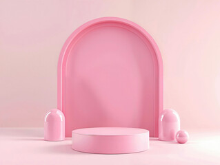 Pastel pink podium with arch and dome elements on a soft pink background. Minimalist 3D render for elegant product presentation and marketing design
