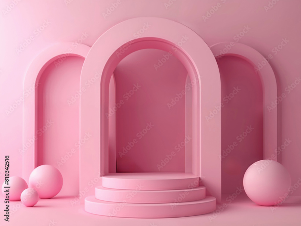 Poster soft pink arches and podium with spherical elements for minimalist product display and modern market