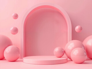 Pink arch podium with floating spheres on a matching pink background. Perfect for modern product display and creative marketing.