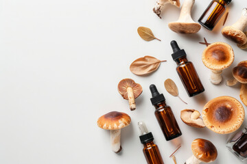 overhead view of essential oil dropper bottle with mushrooms. Health product bottle mockup
